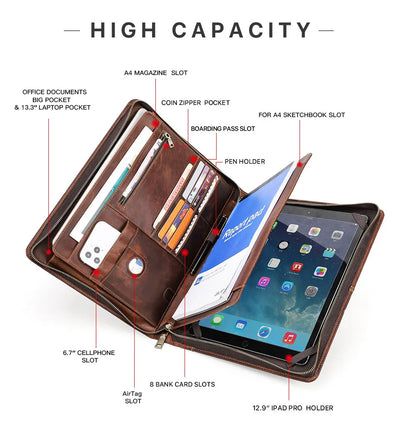 Leather Portfolio Organizer for MacBook & iPad – Travel Document Bag
