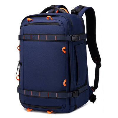 A navy blue multi-compartment backpack with black straps and bright orange accents, shown on a plain white background.