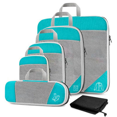 Set of turquoise and gray packing cubes with icons on a white background