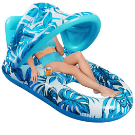 Inflatable lounge chair with blue leaf pattern on a white background