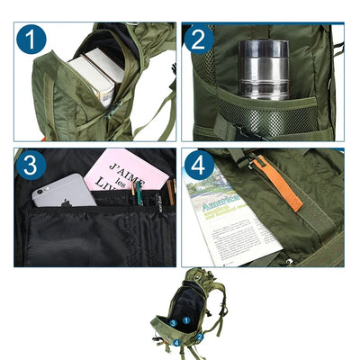 Collage of a green backpack showing different compartments and items.