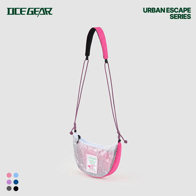 Small transparent bag with pink strap on a light gray background, featuring the 'Dice Gear' brand.