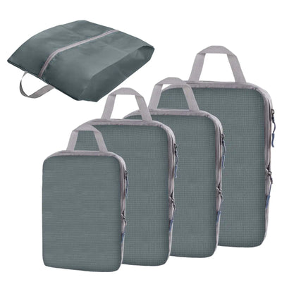 Four gray packing cubes of different sizes with gray handles, shown on a plain white background, alongside a matching gray zippered storage bag.