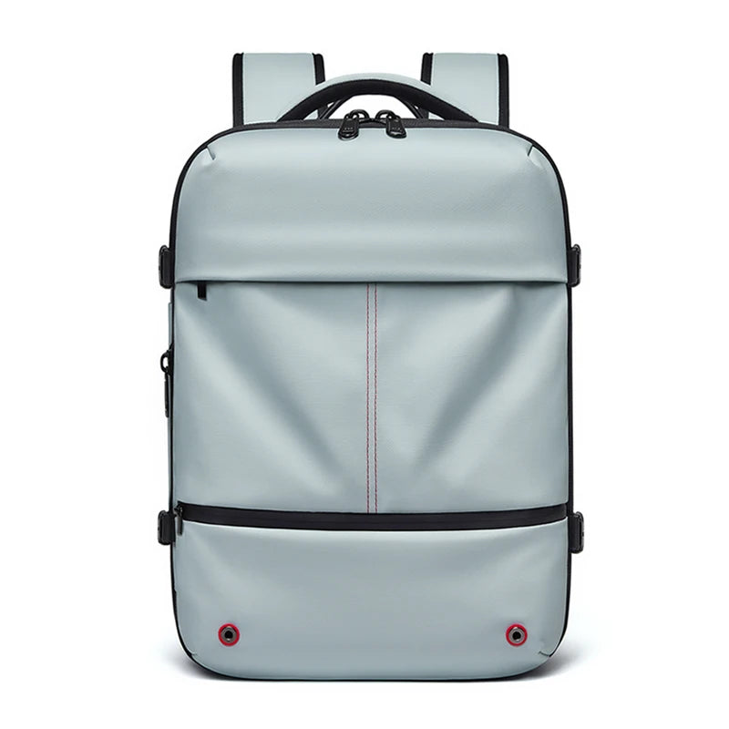 Light gray backpack with black straps on a white background