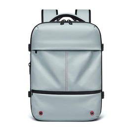 Light gray backpack with black straps on a white background