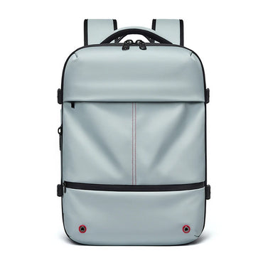 Light gray backpack with black straps on a white background