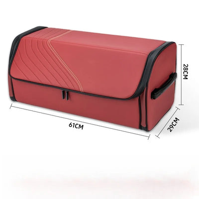 A red storage box with black trim and handles, shown with dimension lines indicating measurements of 61cm length, 28cm height, and 29cm width on a white background.