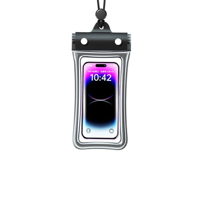 Clear phone pouch with a smartphone displaying the time on a white background