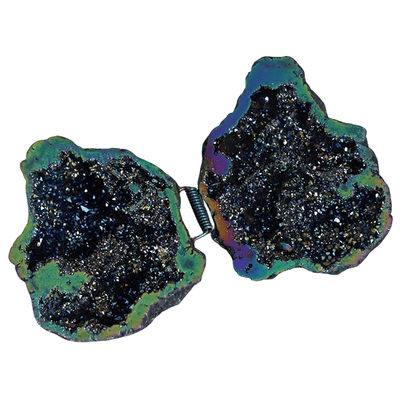 A pair of irregular-shaped gemstone clutch-style cases with a spring clasp, featuring a black and gold geode pattern with iridescent green, blue, and purple edges, shown on a plain white background.