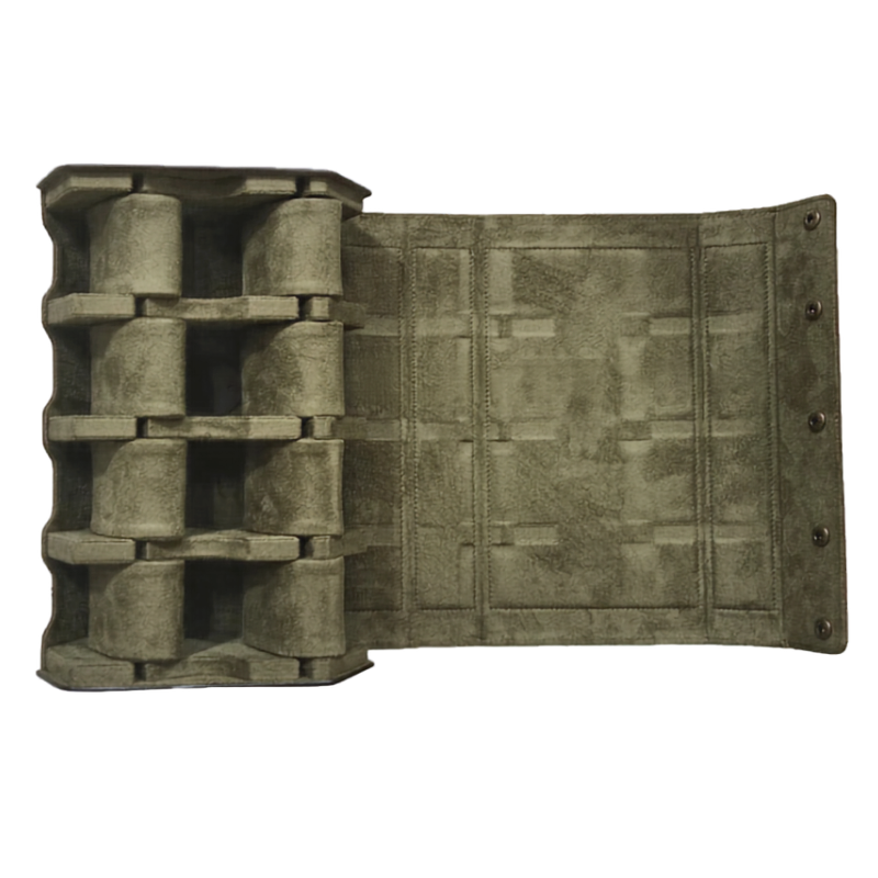 A tactical pouch or organizer in a distressed olive drab green color, shown open to reveal multiple compartments and a textured panel on the front, isolated on a white background.