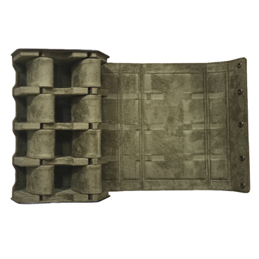 A tactical pouch or organizer in a distressed olive drab green color, shown open to reveal multiple compartments and a textured panel on the front, isolated on a white background.