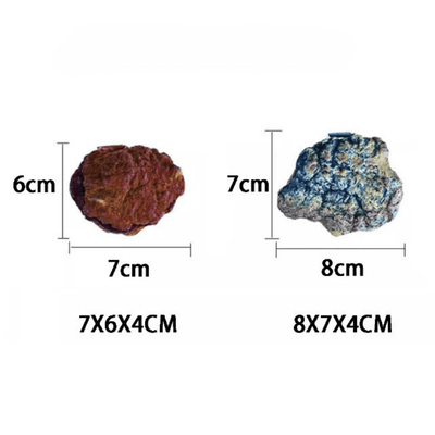 Two irregular stone-like pieces shown on a white background with dimension labels. The left piece is reddish-brown and labeled 7x6x4 cm.
