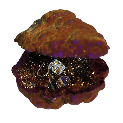 A shell-shaped jewelry box made from a natural iridescent mineral or geode, shown open on a white background. The exterior has a textured, metallic copper-brown and purple surface, while the interior is lined with dark glitter and holds a small clear faceted crystal earring.
