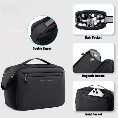 Black HeroKnight camera bag with a top handle, front zip pocket, and shoulder strap, shown on a light gray background with feature callouts including a double zipper close-up, open main pocket with accessories, magnetic buckle detail, and front pocket phone insert.