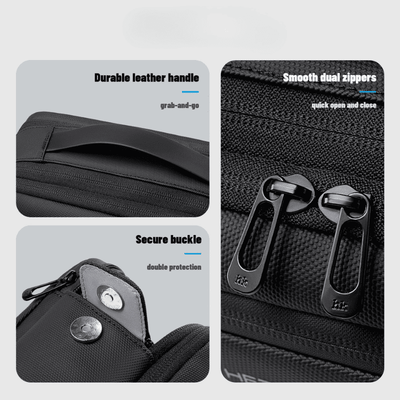 Black nylon and leather bag shown in a feature-focused collage with text callouts: durable leather handle, smooth dual zippers, and secure buckle.