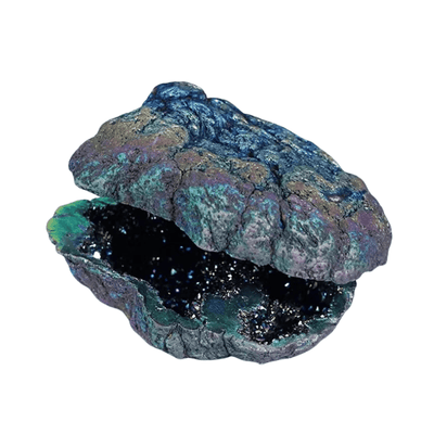 A natural geode specimen with a dark, starry interior and a textured, iridescent outer shell showing blue, green, and purple hues, isolated on a white background.