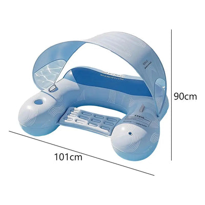 Blue inflatable pool float with a built-in canopy and footrest, shown with dimension lines indicating 101 cm width, 90 cm height, and 128 cm depth on a white background.