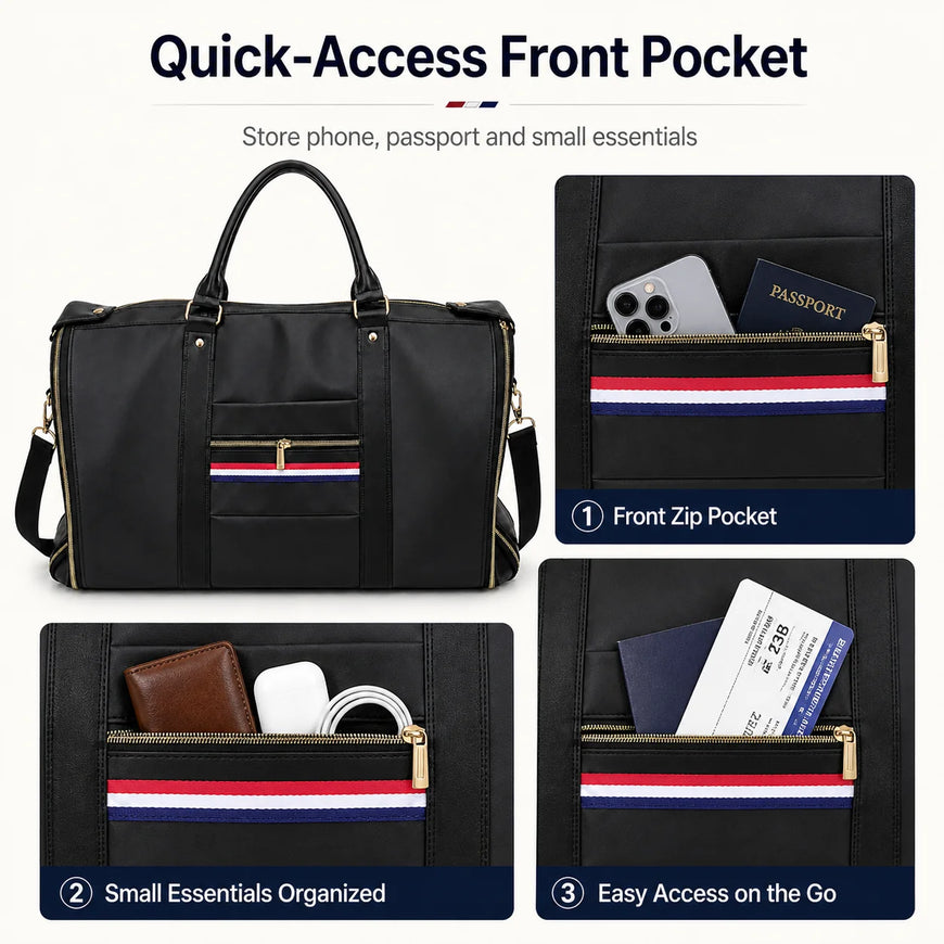 Black quick-access front pocket duffel bag with gold-tone hardware and a red, white, and blue stripe detail on the front pocket. The image includes three inset detail panels labeled for front zip pocket, small essentials organized, and easy access on the go, all on a white background with headline text.