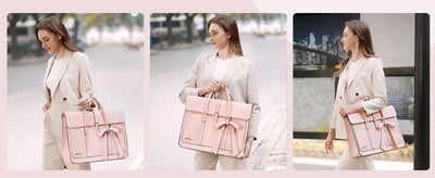 Woman holding a pink handbag with a bow in three different settings.