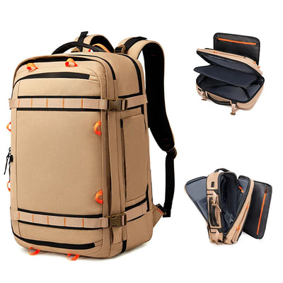 A tan and black tactical-style backpack shown on a white background, with two smaller inset views on the right showing the backpack open to reveal its interior compartments. The brand logo 'FENRUIEN' appears in the top-left corner.