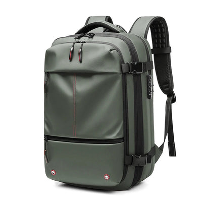 Green backpack with black straps on a white background