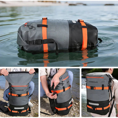 Waterproof bag with orange straps being used in water and on a person.