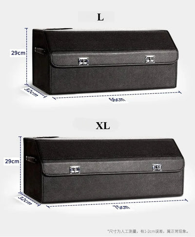 Size comparison diagram showing two black storage boxes labeled L and XL with dimension measurements in centimeters on a light gray background.