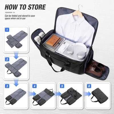 Storage bag with compartments for folded clothes, shoes, and other items on a white background.
