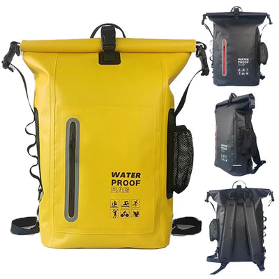 Yellow waterproof backpack shown front-facing with three smaller angled views on the right, including a top-down view and two side/back views. The bag has a roll-top closure, side mesh pocket, front vertical zipper, and black straps on a plain white background.