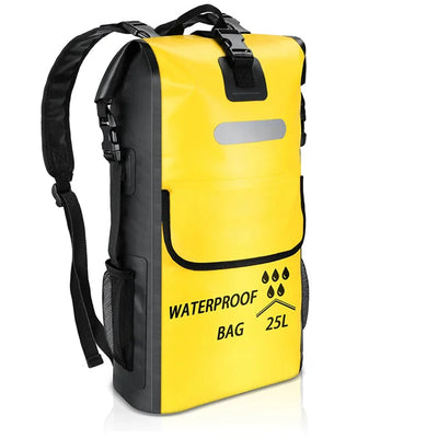 Yellow waterproof backpack with black accents and '25L' label on a white background