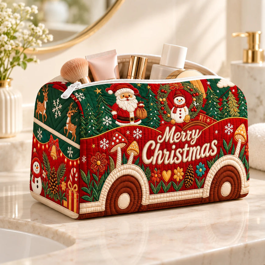 Christmas Quilted Cosmetic Bag – Santa Travel Makeup Pouch