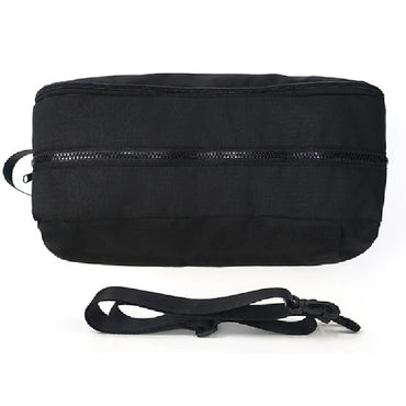 A black nylon waist bag with a zippered top and an adjustable shoulder strap, displayed on a clean white background.