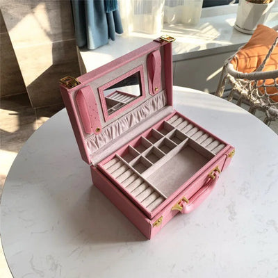 Leather Travel Jewelry Box with Mirror – Double-Layer Jewelry Organizer