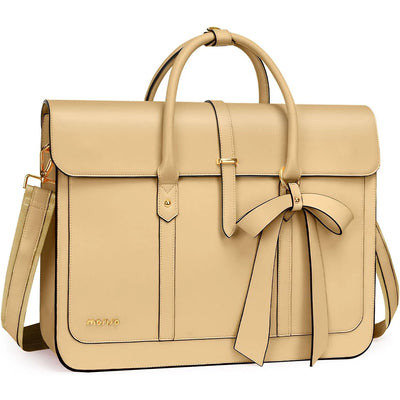 Beige leather bag with a bow on a white background