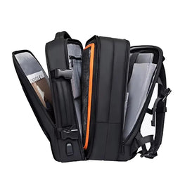 Black backpack with compartments and a visible brand name on a white background