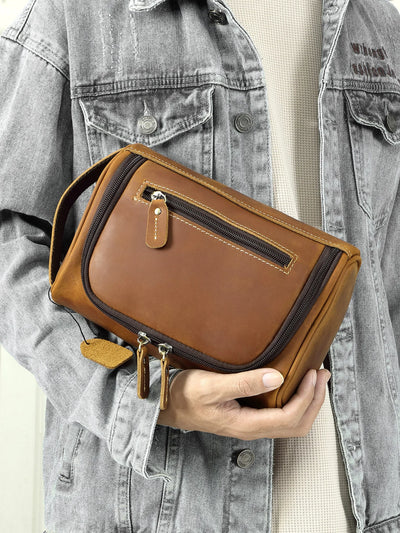 Top-Grain Leather Toiletry Bag for Men – Vintage Travel Organizer Pouch