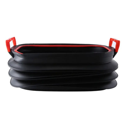 A black collapsible rectangular tray with red handles on both sides, shown on a plain white background.