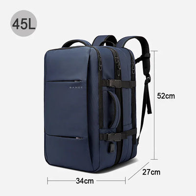 Blue backpack with dimensions and capacity label on a white background