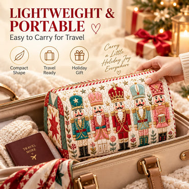A hand holds a decorative quilted travel pouch with embroidered nutcracker figures over an open beige suitcase. The scene is festive with holiday lights, wrapped gifts, and travel accessories, and large text at the top reads 'LIGHTWEIGHT & PORTABLE Easy to Carry for Travel.