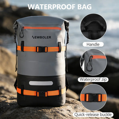 Gray and orange waterproof bag with features highlighted on a rocky background