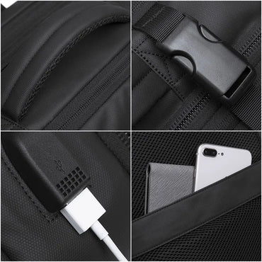 Collage of a black backpack showing various features including a USB port, strap, and phone pocket.