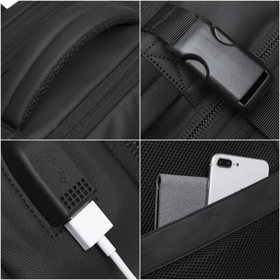 Collage of a black backpack showing various features including a USB port, strap, and phone pocket.