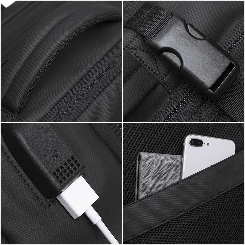 Black backpack with compartments and a visible brand name on a white background