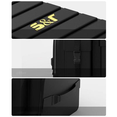 Close-up detail shots of a black hard case with a gold '15&F' logo, showing the textured shell, zipper, buckle strap, and exterior pocket.