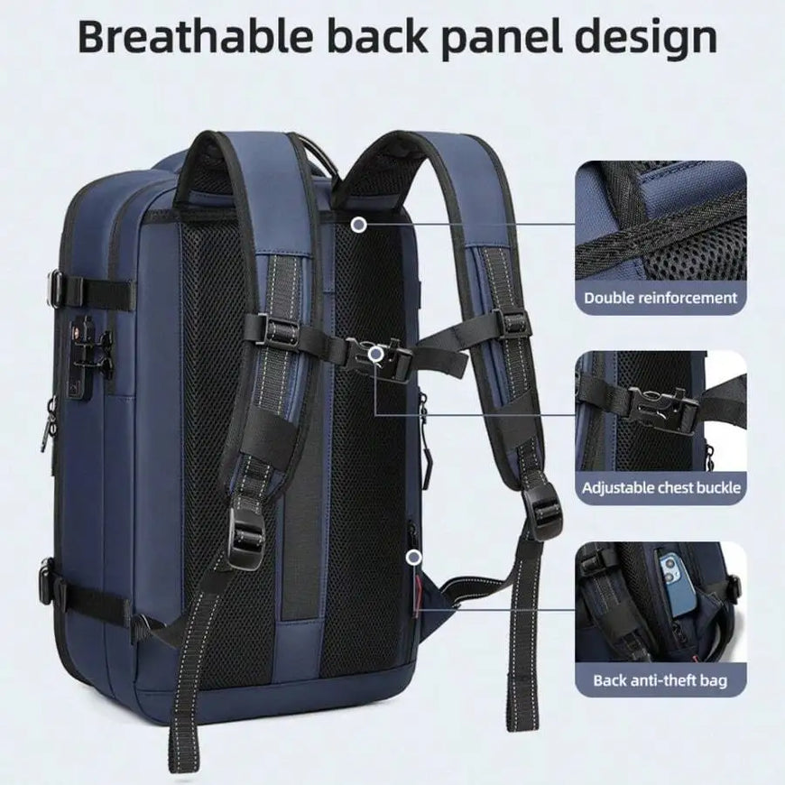 A navy blue backpack shown from the back with callout lines and inset detail images explaining features such as breathable back panel design, double reinforcement, adjustable chest buckle, and back anti-theft bag.