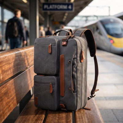 A gray canvas travel backpack with brown leather accents sits on a wooden train station bench, with a blurred train and platform sign in the background.