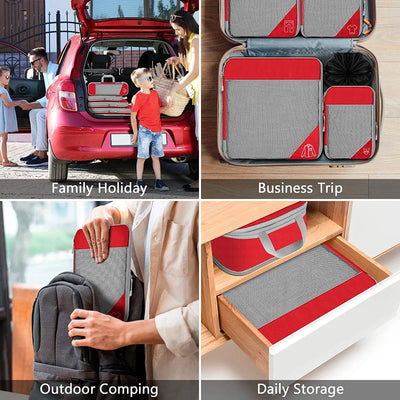 Collage of a travel organizer used for family holiday, business trip, outdoor camping, and daily storage.