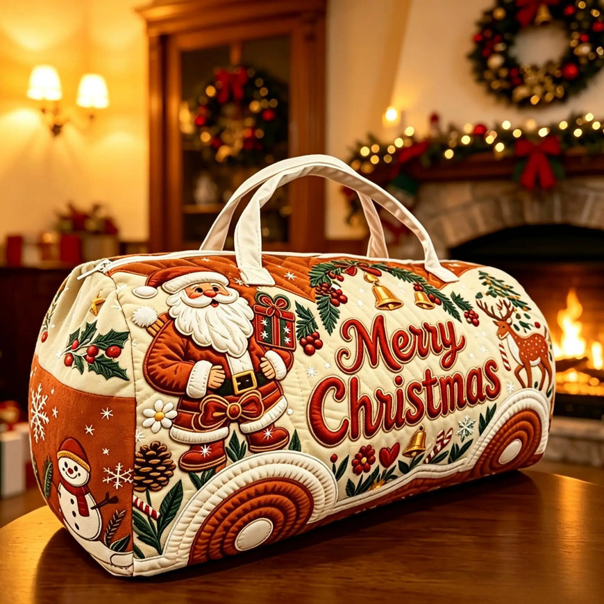 A cylindrical Christmas-themed duffel bag with quilted fabric, featuring a Santa Claus design, pinecones, holly, reindeer, and 'Merry Christmas' text, set on a wooden table in a warmly lit holiday room.