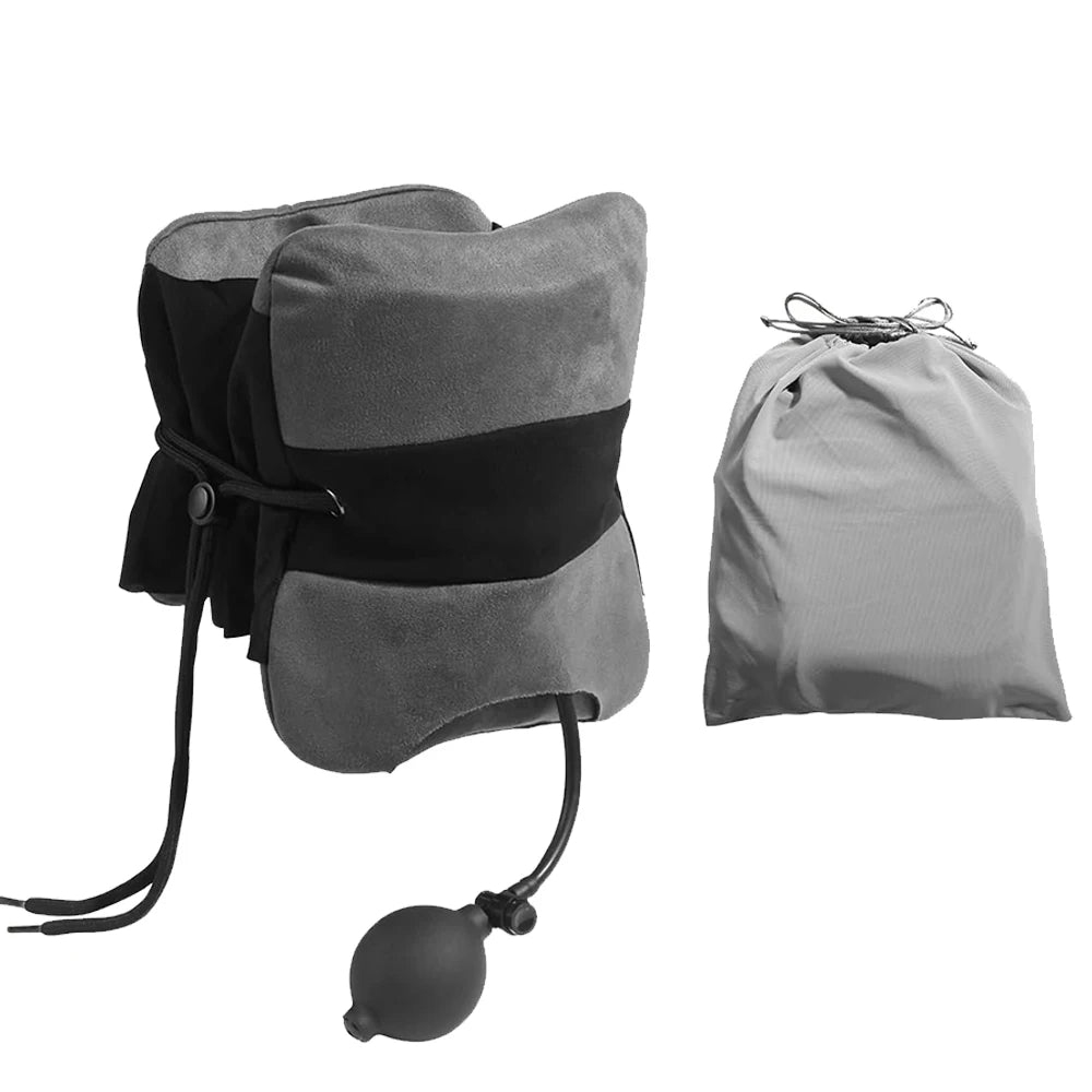 Gray and black neck pillow with drawstring bag on a white background