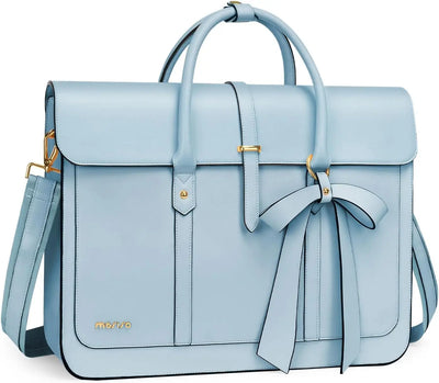 Light blue handbag with a bow detail on a white background